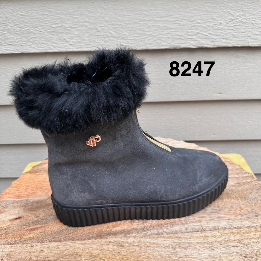 Pajar Canada Grey Suede Shearling Lined Winter Boots Fur Trim Front Zip Size 8